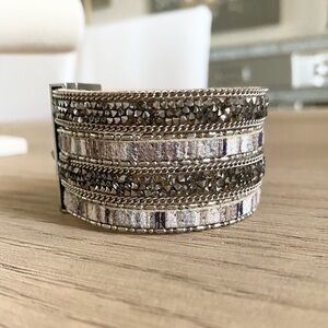Express Silver Gunmetal Rhinestone Crystal Wide Cuff Bracelet Turn-Lock Y2K Glam